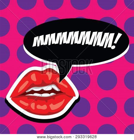 Sexy Red Lips And Open Mouth With Comic Speech Bubble. Beautiful Mouth With Speech Bubble. Female Li