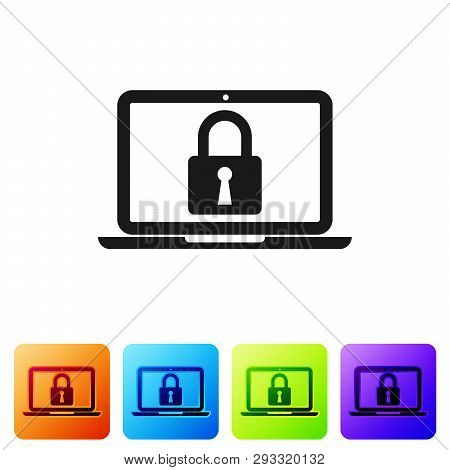 Black Laptop And Lock Icon Isolated On White Background. Computer And Padlock. Security, Safety, Pro