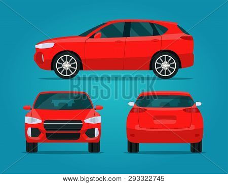 Red Compact Cuv Isolated. Car Cuv With Side View, Back View And Front View.  Vector Flat Style Illus