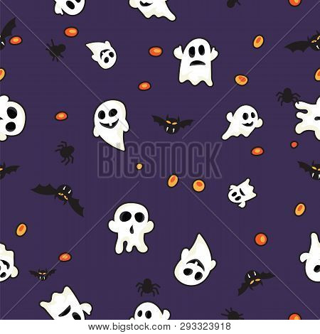 Halloween Pattern Black Bats, White Ghost And Orange Pumpkin On Violet Background