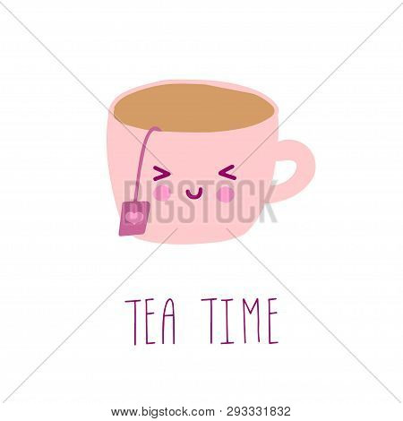 Cute Kawaii Style Card. Japanese Style Isolated Vector Illustration. Mug Or Cup Of Tea, Choclate, Co