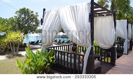 Kedah, Langkawi, Malaysia - Apr 05th, 2015: Beautiful Poolside Cabana Beside Luxury Resort