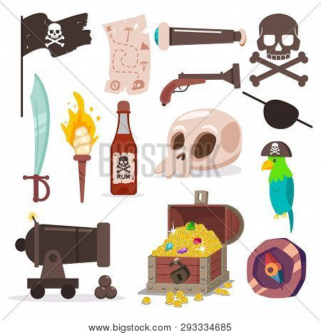 Pirate Element Set. Skull And Crossbone, Parrot, Sword, Old Map, Black Flag, Cannon, Torch, Chest Wi