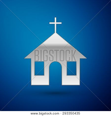 Silver Church Building Icon Isolated On Blue Background. Christian Church. Religion Of Church. Vecto