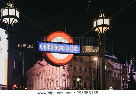 London, Uk - December 18, 2018: London Underground Sign At The Entrance Of Piccadilly Circus Station