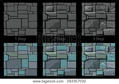 Set Seamless Stone Texture, 3 Step Drawing. Background Stone Wall Tiles. Vector Illustration For Use