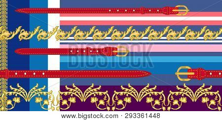Seamless Vector Pattern With Golden Scrolls, Leater Belts And Other Decorative Elements. Women Fashi