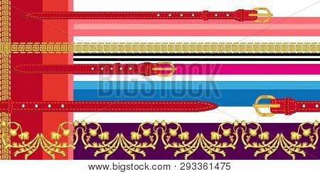 Seamless Vector Pattern With Golden Scrolls, Leater Belts And Other Decorative Elements. Women Fashi