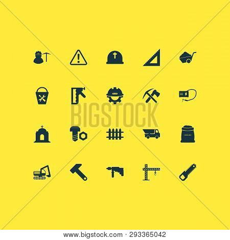 Industry Icons Set With Crane, Bucket Tools, Bolt With Nut And Other Instrument Elements. Isolated V
