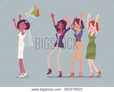 Bride And Bridesmaids In Bouquet Toss Tradition On Wedding Ceremony. African American Woman In Beaut