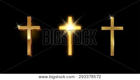 Set Of Golden Latin Cross. Shining Glitter Gold Catholic Cross. Vector Illustration.