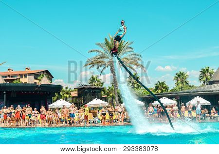Belek, Turkey - September 12, 2018. Exciting Fly Board Watershow At The Pool Party On A Sunny Summer