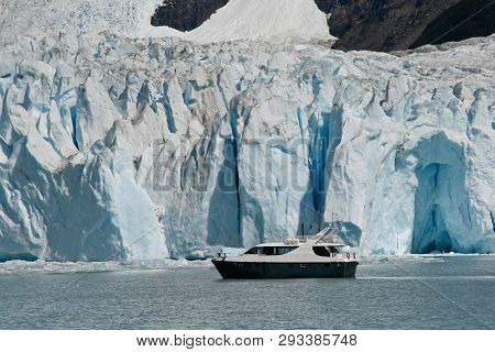 Boat At Glacier Perito Moreno In El Calafate, Patagonia, Argentina