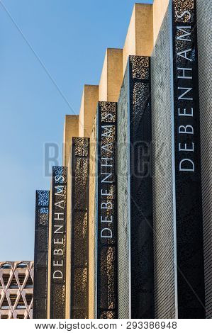 April 2019. London. A View Of Debenhams Signage At The Oxford Street Flagship Store In London