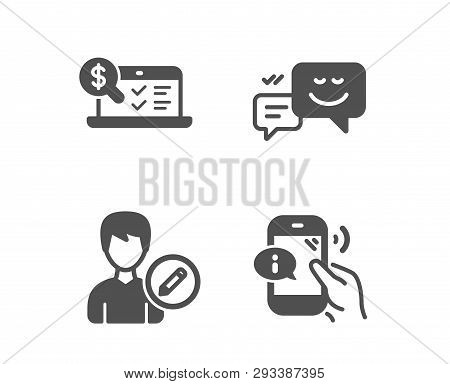 Set Of Happy Emotion, Edit Person And Online Accounting Icons. Call Center Sign. Web Chat, Change Us