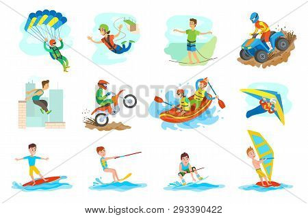 People Leading Active Lifestyle Vector, Set Of Person. Parkour And Windsurfing, Hang Gliding And Sky