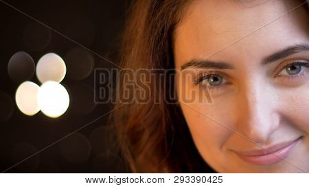 Closeup Shoot Of Young Attractive Caucasian Female Face Smiling And Being Joyful Looking At Camera W