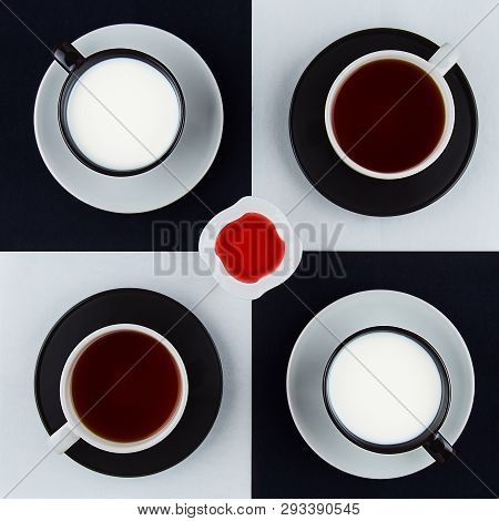 Two Mugs Of Milk, Two Mugs Of Coffee, Standing Square And Raspberry Jam In The Middle