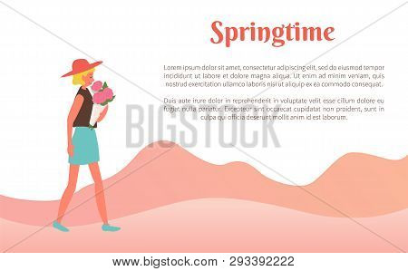 Female Going With Bouquet Of Flowers In Springtime, Walking Woman Holding Flavor. Side View Of Perso