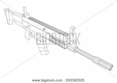 Assault Rifle, Automatic Fire Rifle Model Wireframe Low Poly Mesh Vector Illustration