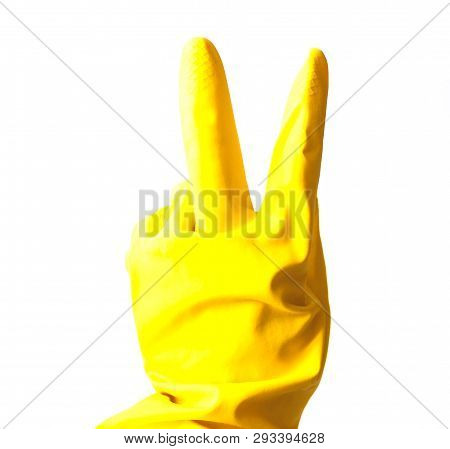 Woman Hand Gesturing Viktory In Yellow Vinyl Or Rubber Glove For Cleaning Isolated On White Backgrou
