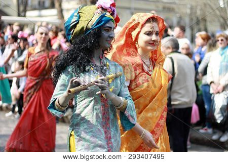 Ukraine, Odessa - April 1, 2019 Hare Krishna Members Sing And Dance During A Festive Procession Dedi