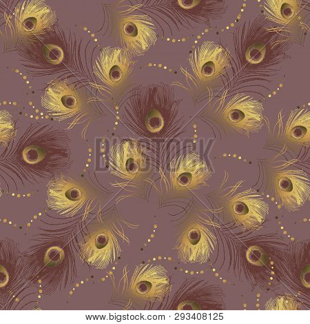 Seamless Pattern From Golden Peacock Feathers. Stock Vector