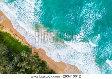 Aerial View Of Seabeach With Wave And Green Tree