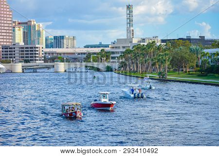 Tampa Bay, Florida. March 02, 2019 . Top View Of Henry B. Plant Museum On Lightblue Cloudy Sky Backg