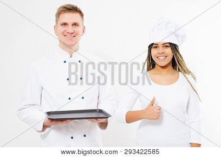 Smule Black Woman And White Man Cooks Hold An Empty Tray And Show Like