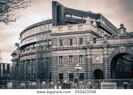 Sweden, Stockholm - January 05, 2015: Parliament Of Sweden, Riksdag, Side Facade View