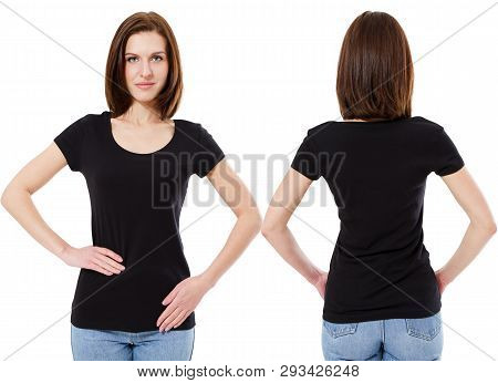Woman In Black V-neck T-shirt, Front And Back, Copy Space