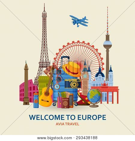 Travel In Europe Concept. European Most Famous Sights Set. Architectural Buildings. Tourist Backgrou