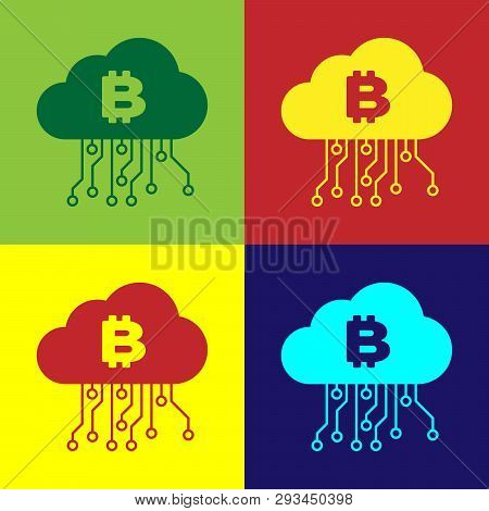 Color Cryptocurrency Cloud Mining Icon Isolated On Color Backgrounds. Blockchain Technology, Bitcoin