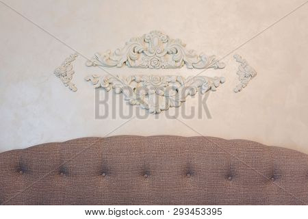 Expensive Interior. Stucco Elements On Light Luxury Wall. White Patterned. Mouldings Element From Gy