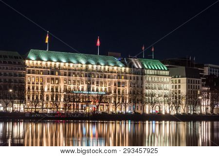 Hamburg, Germany - February 15, 2019: Fairmont Hotel Vier Jahreszeiten At Night.