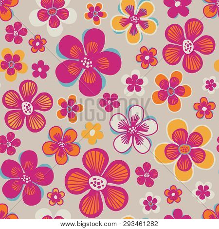 Seamless Vector Pattern With Abstract Hand Painted Bright Doodle Flowers Background. Surface Pattern