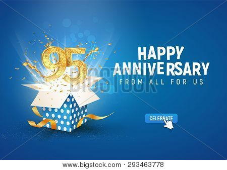 95 Th Years Anniversary Banner With Open Burst Gift Box. Template Ninety Fifth Birthday Celebration 