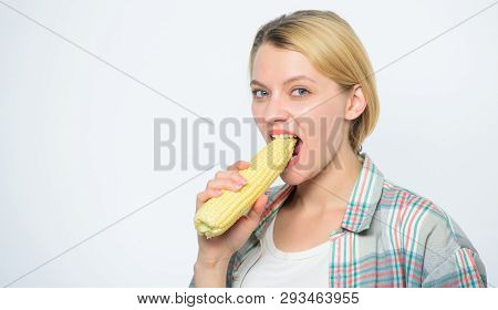 Farming, Farmer Girl With Maize. Corn Crop. Vitamin And Dieting Food. Agriculture And Cultivation. H