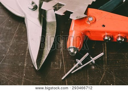 Tinsmith Tools On The Working Table In The Factory