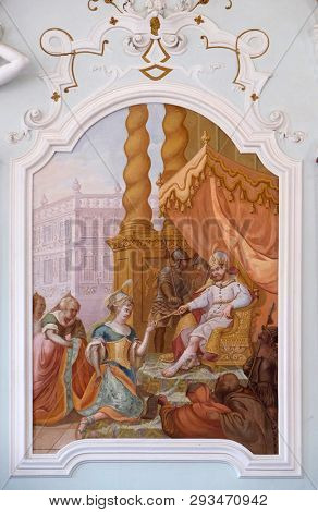 BRONNBACH, GERMANY - JULY 07, 2018: Ceiling frescoe by Johann Adam Remele in Joseph Hall, Cistercian Abbey of Bronnbach in Reicholzheim near Wertheim, Germany