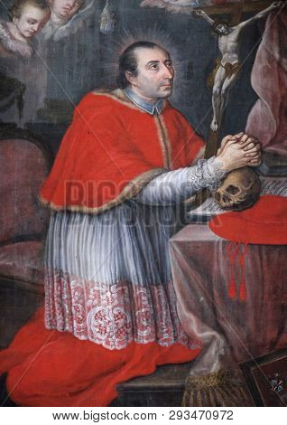 BRONNBACH, GERMANY - JULY 07, 2018: Saint Charles Borromeo, altarpiece in Cistercian Abbey of Bronnbach in Reicholzheim near Wertheim, Germany