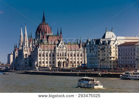 Budapest, Hungary - April, 2018: Hungary Parliament Building And Danube River