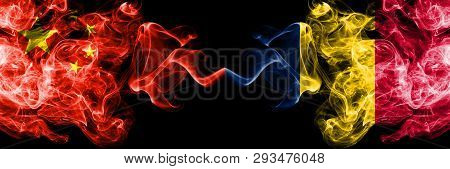 China Vs Chad, Chadian Smoke Flags Placed Side By Side. Thick Colored Silky Smoke Flags Of Chinese A