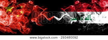 China Vs Iraq, Iraqi Smoke Flags Placed Side By Side. Thick Colored Silky Smoke Flags Of Chinese And