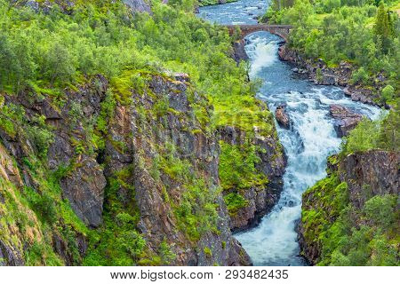 Beautiful View Of The Voringsfossen Waterfall. Bjoreio River. Norway. Falls In Mountains Of Norway. 