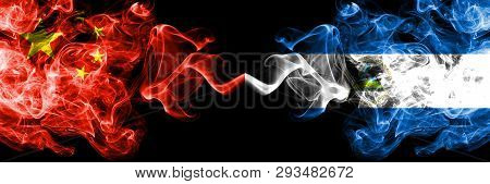 China Vs Nicaragua, Nicaraguan Smoke Flags Placed Side By Side. Thick Colored Silky Smoke Flags Of C