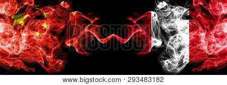 China Vs Peru, Peruan Smoke Flags Placed Side By Side. Thick Colored Silky Smoke Flags Of Chinese An