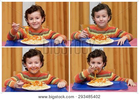 Funny sequece with a child eating spaghetti at home