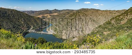 Valeira Dam And Surrounding Landscape Near The Village Of Sao Joao Da Pesqueira, Portugal. Concept F